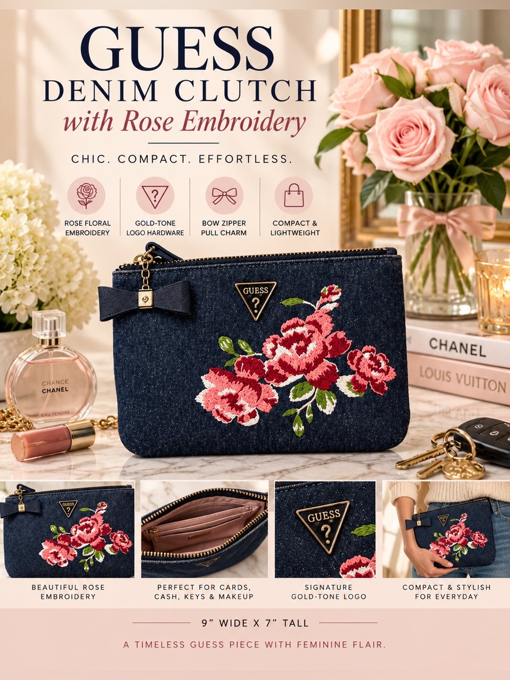 *GUESS* Embroidered Floral Denim Wristlet